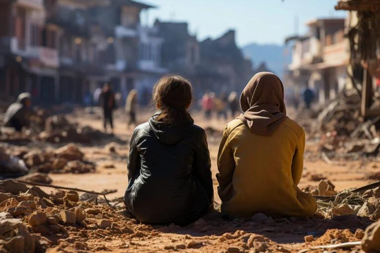 Two girls sitting in rubble